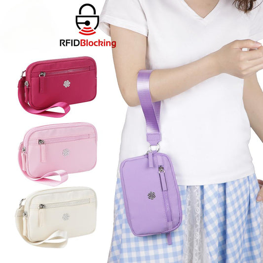 QuestAll RFID Canvas Waterproof Wrist Bag Women Card Holder Coin Cell Phone Wallet Three Pockets 9103