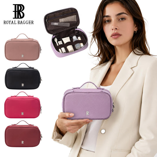 Royal Bagger Premium Genuine Leather Travel Makeup Wash Bag, Multi Compartment Cosmetic Organizer with Mesh Pocket & Elastic Bands, Portable Compact Skincare Hair Care Storage Case for Business Trip Vacation 3300