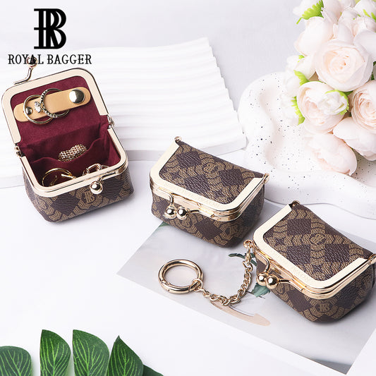 Royal Bagger Women's Mini Jewelry Box & Coin Purse – Signature Coated Canvas & Vegetable-Tanned Cowhide Leather, Solid Color Kiss Lock Change Pouch, Casual Small Storage Bag 5894