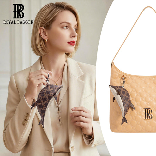 Royal Bagger Small Fish Shaped Coin Purse Keychain, Signature Coated Canvas & Vegetable-Tanned Leather Zipper Pouch with Key Ring for Coins and Keys 3276