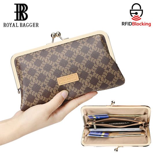 Royal Bagger PVC + Resin Tanned Leather Clutch Purses for Women, RFID Kiss Lock Wallet, Multi-card Slots Card Holder 5468