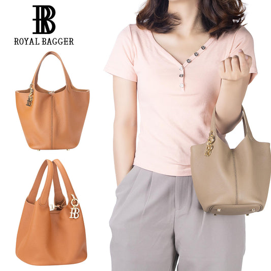 Royal Bagger Vintage Genuine Leather Basket Bag Stylish Versatile Handheld Bucket Bag for Women's Commuting 3260