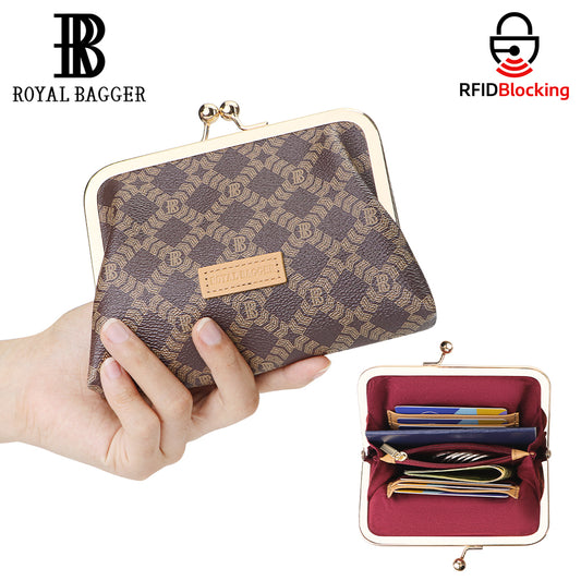 Royal Bagger Women's RFID Card Holder, Kiss Lock Coin Purse, Short Wallet, Signature Coated Canvas & Vegetable-Tanned Cowhide Leather 5120