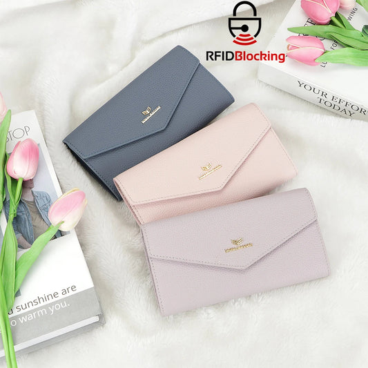 Royal Bagger Envelop Long Wallet - RFID Blocking Simple Solid Color Multi-card Slots Card Holder Genuine Leather Purse 2480