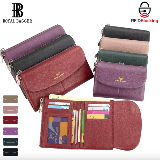 Royal Bagger RFID Blocking Women's Short Wallet Genuine Leather Multi-card Slots Card Holder Trifold Purse Magnetic Opening 2063