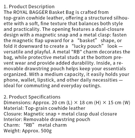 Royal Bagger Vintage Genuine Leather Basket Bag Stylish Versatile Handheld Bucket Bag for Women's Commuting 3260