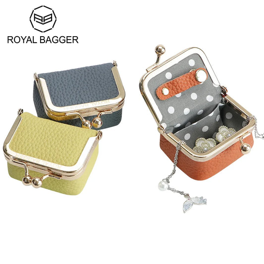 Royal Bagger Genuine Leather Mini Coin Purse, Solid Color Kiss Lock Change Pouch, Casual Style Small Storage Bag for Women 1894