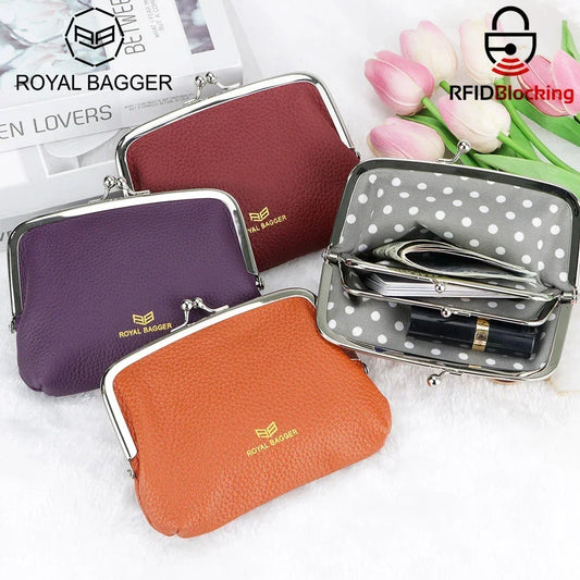 Royal Bagger RFID Blocking Coin Purses for Women Fashion Kiss Lock Change Pouch Double Clip Key Card Storage Bag 2639