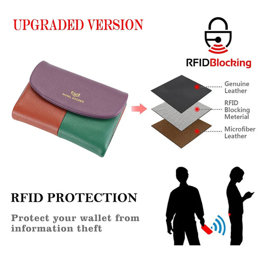 Royal Bagger Color Block RFID Short Wallets Genuine Leather Multi-card Slots Card Holder Trifold Purse Magnetic Opening 2053