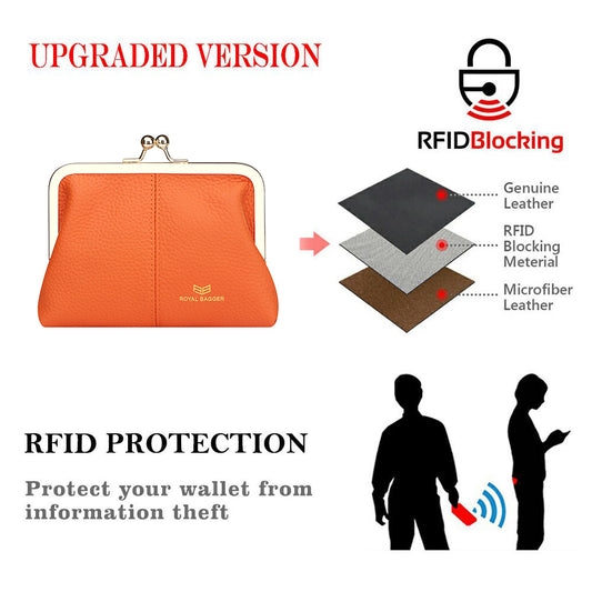 Royal Bagger RFID Blocking Coin Purse for Women, Fashion Kiss Lock Change Pouch, Genuine Leather Key & Card Holder 6120