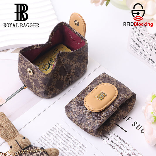 Royal Bagger RFID Mini Coin Purse for Women – Signature Coated Canvas & Vegetable-Tanned Cowhide Leather, Small Wallet Pouch for Keys, Earphones & Essentials 7603