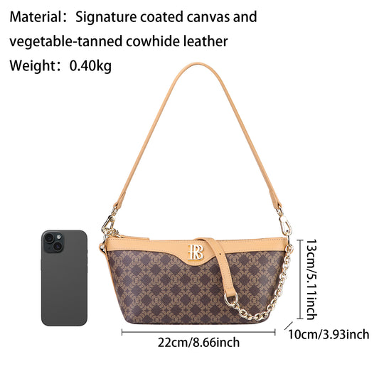 Royal Bagger Chain Shoulder Bag for Women Signature Coated Canvas & Vegetable-Tanned Cowhide Leather Underarm Purse, Fashion Retro Handbag 5263