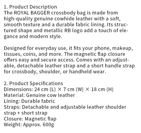 Royal Bagger Crossbody Box Bag for Women, Genuine Cowhide Leather, Elegant Small Shoulder Purse, Compact Daily Handbag 3245