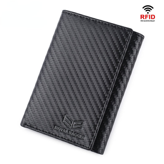 Royal Bagger Carbon Fiber Men Short Wallet Large Capacity RFID Block Card Holder Genuine Cow Leather Wallets Business Purse